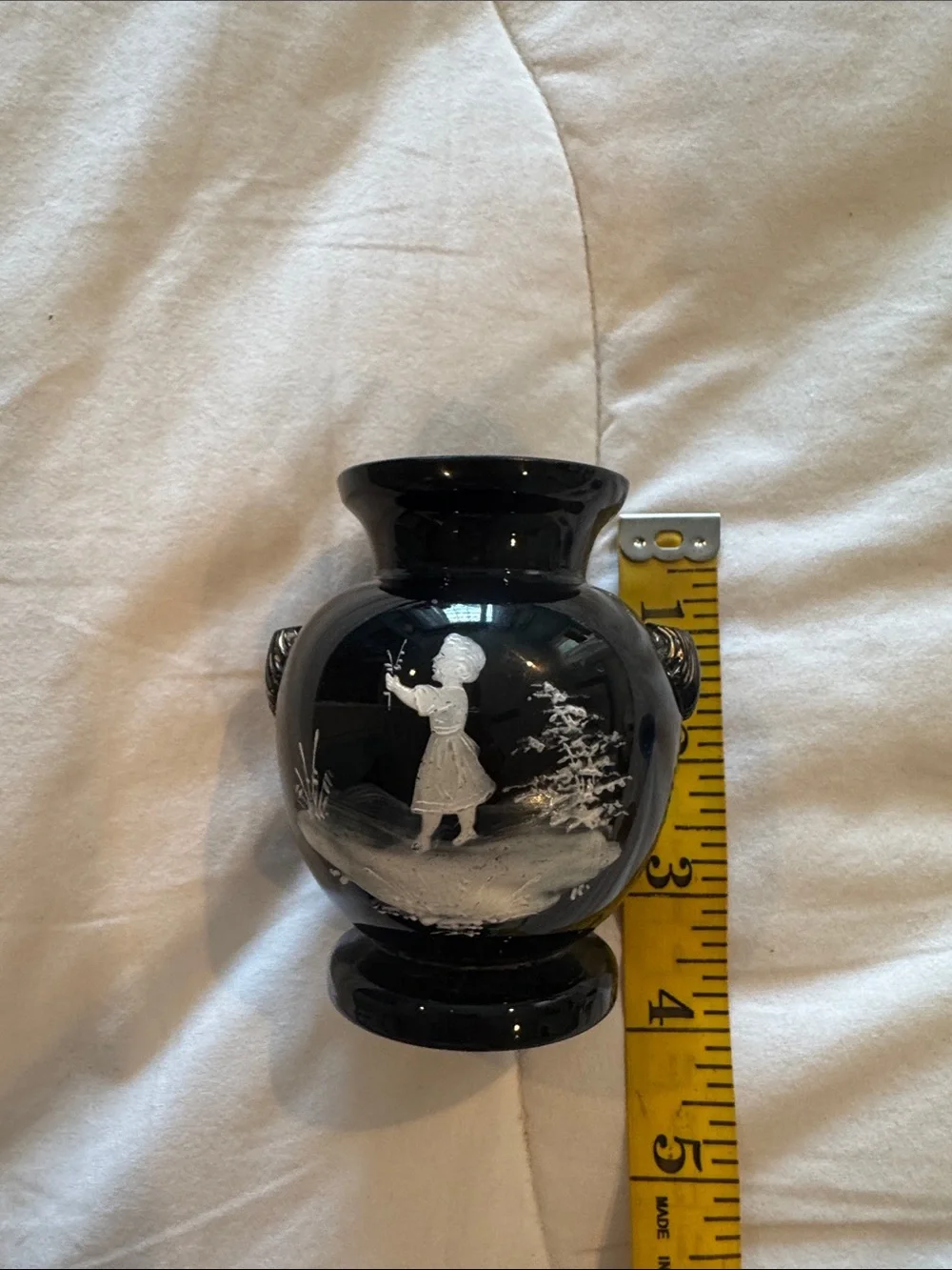 Westmoreland Mary Gregory 1970’s black vase with a hand painted girl in white